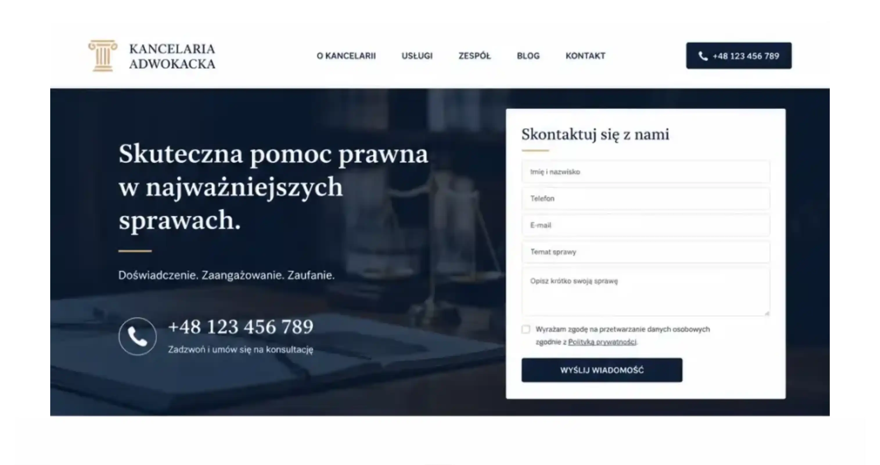 Strona dla kancelarii prawnej — panel SEO Grow z modułem rezerwacji konsultacji i cennikiem